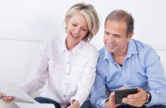 Happy middle aged couple working out their financial situation