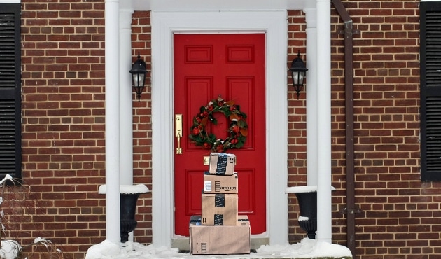 Amazon boxes on Christmas doorstep
