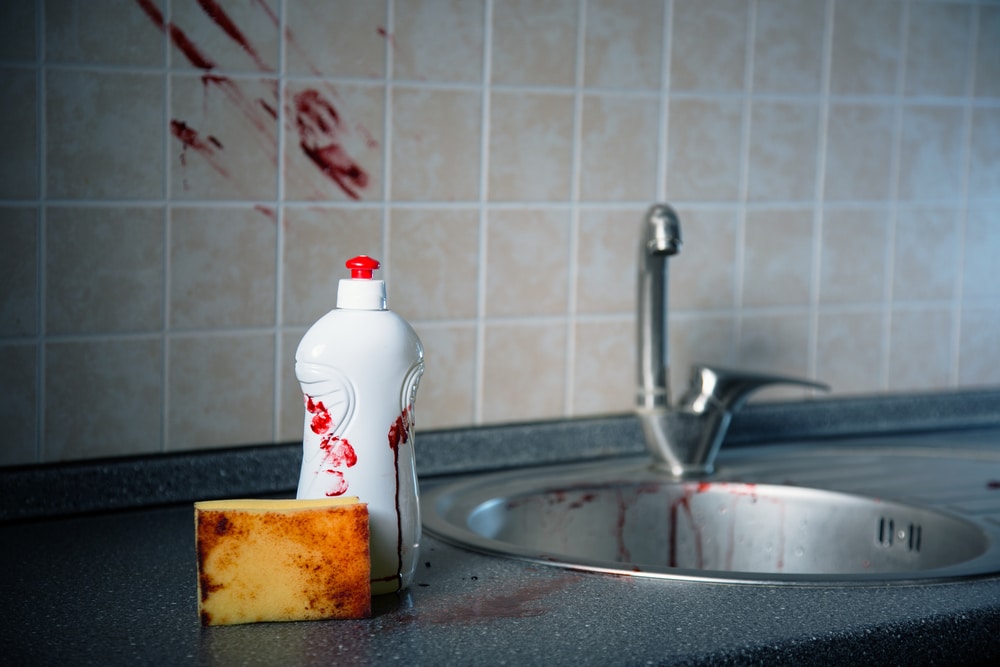 Crime scene with bloody sponge and washing up liquid