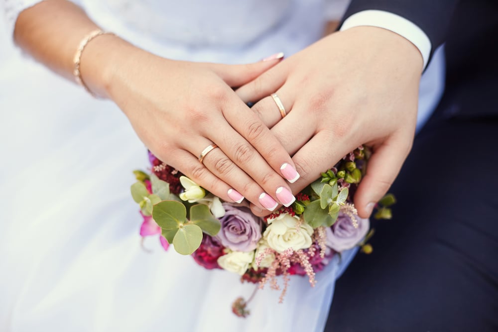 Couple on wedding day wearing wedding rings
