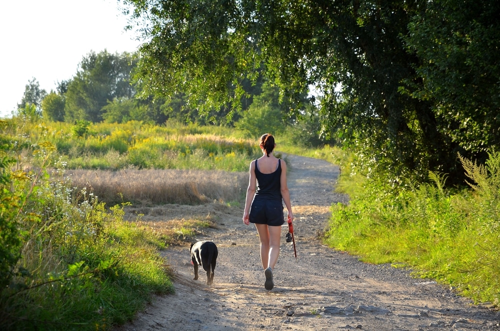 Woman walking her dog in a field