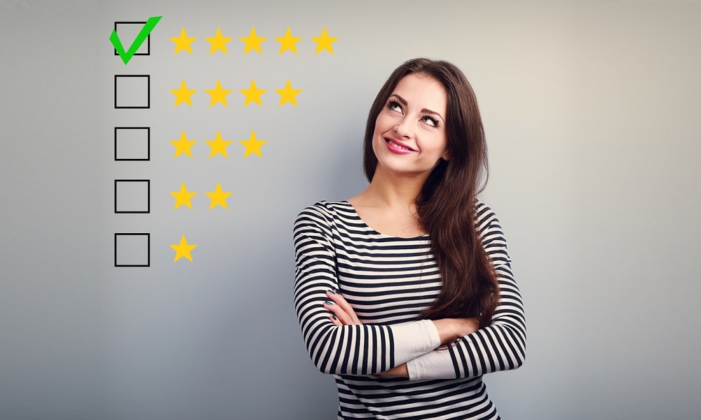 Woman beside a star rating system graphic