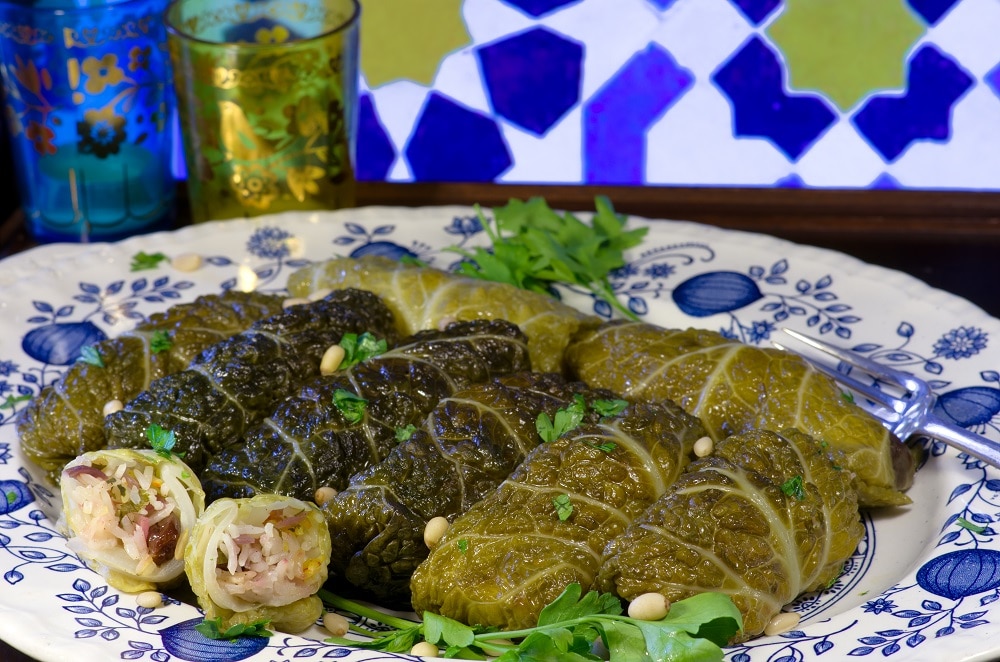 Cabbage leaves stuffed with pines nuts and rasins