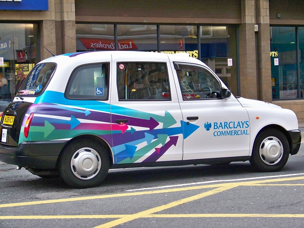 London cab with Barclays advert on