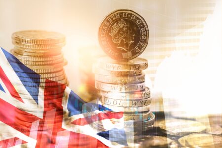 british economy flag and pounds
