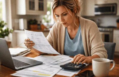 Woman sorting through bills