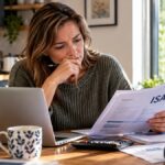 Copy Woman reviewing ISA savings paperwork at home