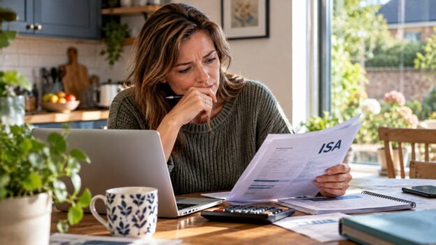 Copy Woman reviewing ISA savings paperwork at home